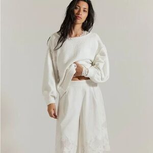 Free People Cream Oversized Crew Neck Cotton Sweater